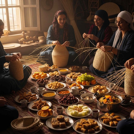 Women sitting around a table with food and weaving baskets in a cozy roomの写真素材