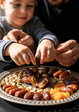 A child and an adult sharing a plate of dates and nuts together