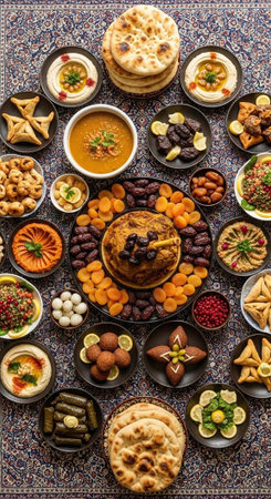 A vibrant spread of Middle Eastern food and cuisine on a decorative tableclothの写真素材