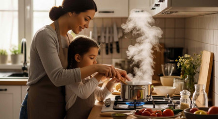 A mother and daughter cooking together in a modern kitchen with steam risingの写真素材