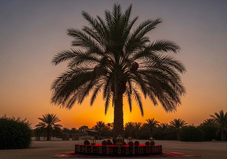 A serene desert landscape with a majestic palm tree at sunset