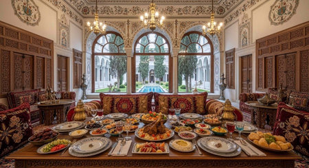 A lavishly decorated dining room with a large table full of food and ornate furnishings