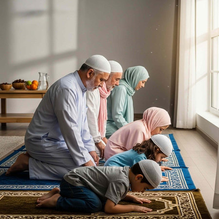 A Muslim family kneeling together in prayer on a colorful rug in a bright roomの写真素材