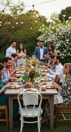 A group of people enjoying a meal together outdoors in a beautiful garden settingの写真素材