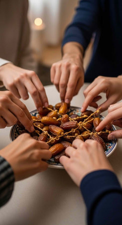A group of people sharing a plate of dates at a table togetherの写真素材
