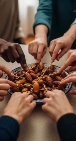 A group of diverse people sharing a plate of dates at a tableの写真素材