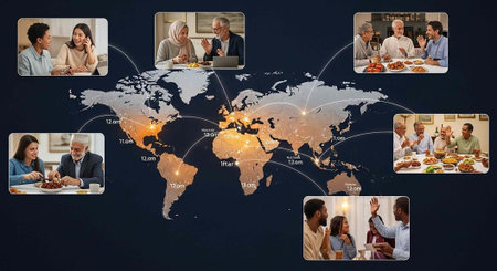 A diverse group of people from around the world connecting over a global mapの写真素材