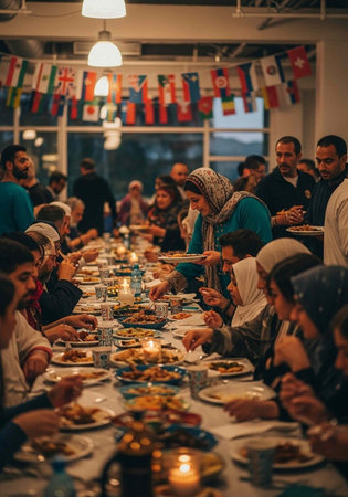 A diverse group of people gathered around a long table for a meal togetherの写真素材