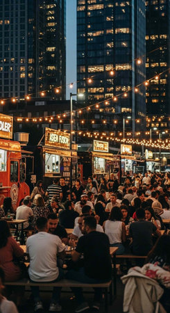 A lively crowd of people gather at a food truck festival in the city at nightの写真素材