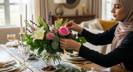 A woman in a hijab arranging a beautiful floral centerpiece on a dining table