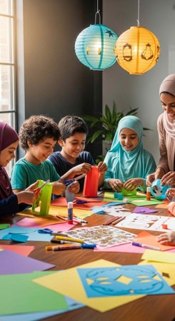 A group of diverse children and an adult engaging in a creative arts and crafts activity togetherの写真素材