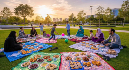 A diverse family enjoys a picnic in a park at sunset with food and drinksの写真素材