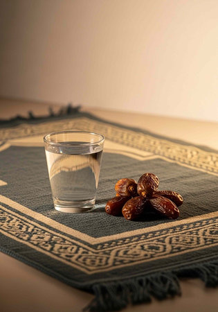 A glass of water and dates on a traditional prayer mat for suhoor or iftarの写真素材