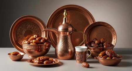 A beautifully arranged collection of copper kitchenware and dates on a tableの写真素材