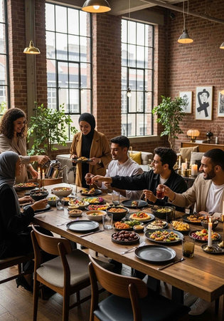 A diverse group of people enjoying a meal together in a modern dining roomの写真素材