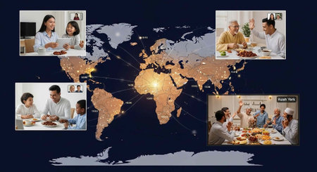 A collage of diverse families sharing meals together around the world on a mapの写真素材