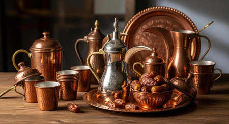 A collection of traditional copper and silver tea sets on a wooden tableの写真素材