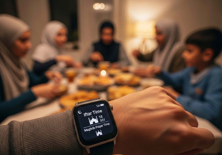 A Muslim family gathers around the dinner table during Ramadan with a smartwatchの写真素材
