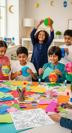 A group of happy children and a woman making colorful paper crafts togetherの写真素材