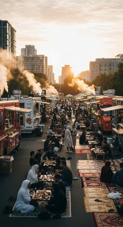 A bustling outdoor food market in a city at sunset with people eating and vendorsの写真素材