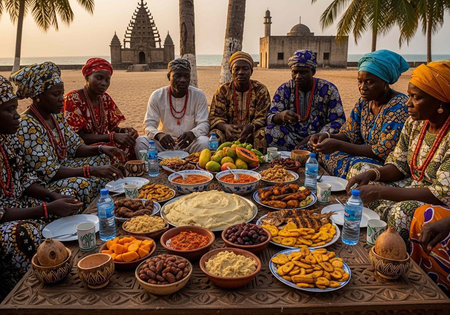 A group of people in traditional African clothing sitting around a table with foodの写真素材