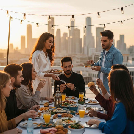 A group of friends enjoying a meal together on a rooftop with a city skyline viewの写真素材