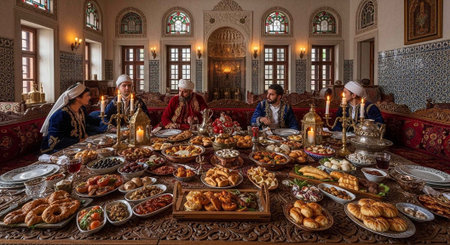A group of people enjoying a traditional Middle Eastern feast in a luxurious settingの写真素材