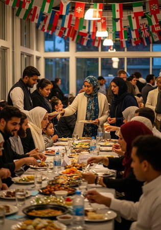 A diverse group of people gathered around a long table for a meal together