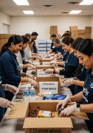 Volunteers packing iftar meals in a warehouse with boxes and food