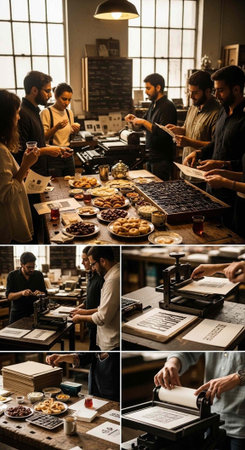 A group of people gathered around a table with food and a printing pressの写真素材
