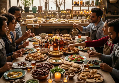 A group of friends enjoying a meal together at a long table with food and drinks
