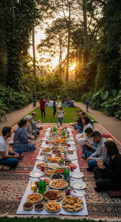 A group of people gathered for a meal in a serene outdoor setting at sunsetの写真素材