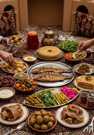 A traditional Middle Eastern feast with various dishes and hands serving foodの写真素材