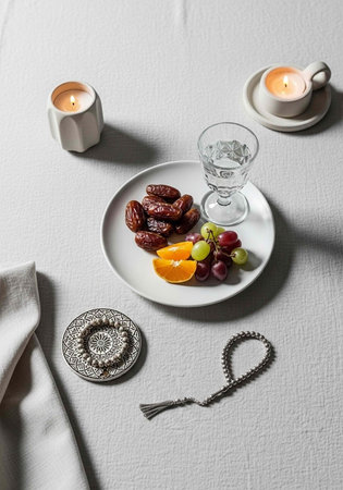 A serene table setting with a plate of dates and fruit, candles, and a rosaryの写真素材