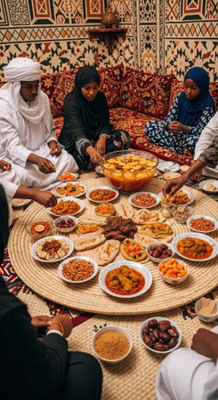 A group of people sitting around a table with various dishes of foodの写真素材