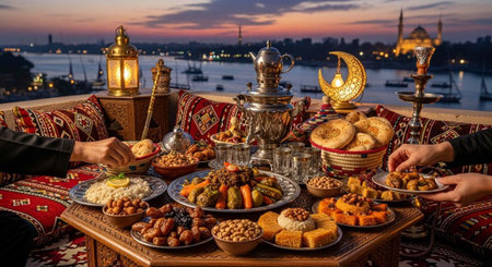 A beautifully set table with food and drinks on a rooftop overlooking a serene body of water at...