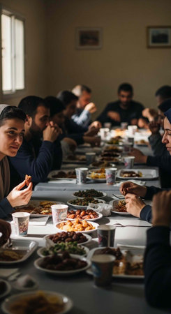 A group of people sitting around a long table eating food together in a room