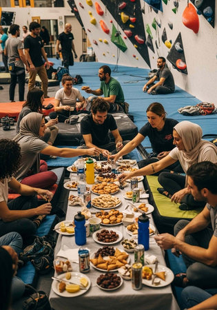 A group of people sharing food and enjoying each other's company at an indoor climbing facilityの写真素材