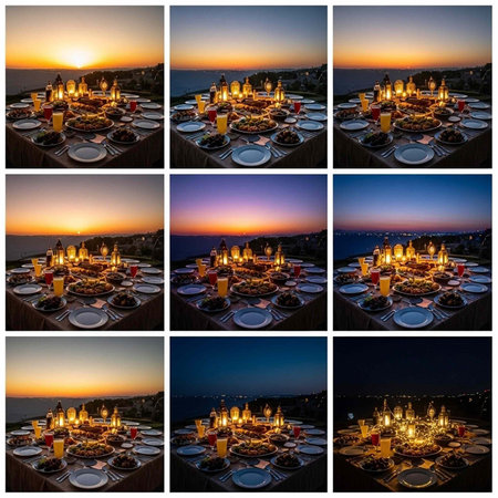 A beautifully set table with candles and plates overlooking the ocean at sunsetの写真素材
