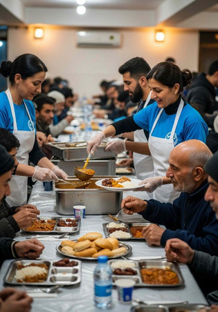 Volunteers serving food to people in need at a community dining hall event