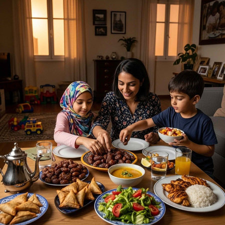 A woman and two children enjoying a meal together in a cozy home settingの写真素材