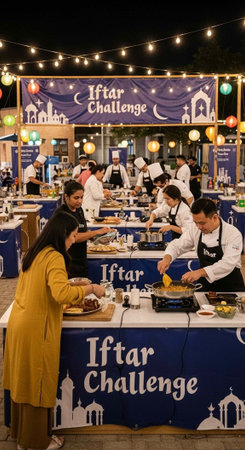 A bustling outdoor food festival at night with people preparing and serving iftar meals
