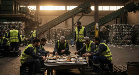 Workers in yellow vests take a break to eat in a warehouse recycling facilityの写真素材