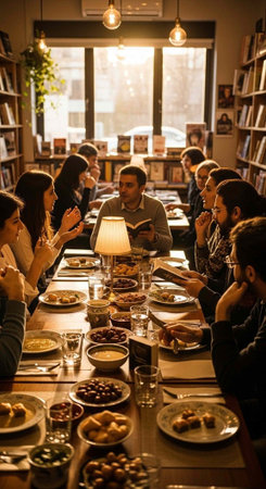 A group of people sitting around a long table in a cozy bookstore cafeの写真素材