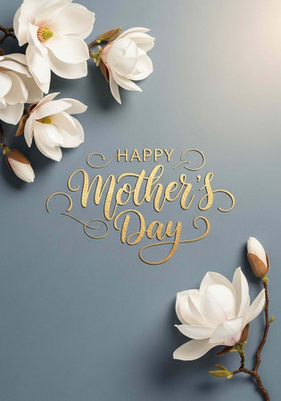Elegant Mother's Day card with gold text and white magnolia flowers on a gray backgroundの写真素材