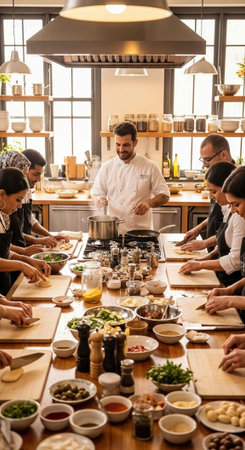 A chef leads a cooking class in a modern kitchen with students preparing foodの写真素材