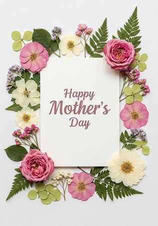 Colorful floral arrangement surrounds a Happy Mother's Day card with pink and white flowers.の写真素材