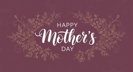 A purple background with gold floral designs and a Happy Mother's Day message in white textの写真素材