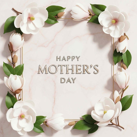 A square frame of white magnolias and green leaves on a marble background with Happy Mother's Day textの写真素材