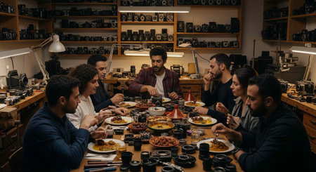 Diverse group of men eating together at a table filled with food and camera lensesの写真素材
